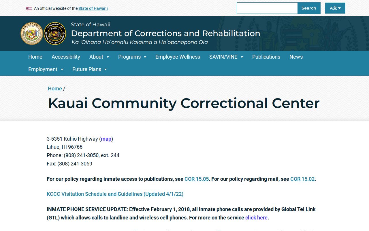 Kauaʻi County arrest custody at Kauaʻi Community Correctional Center