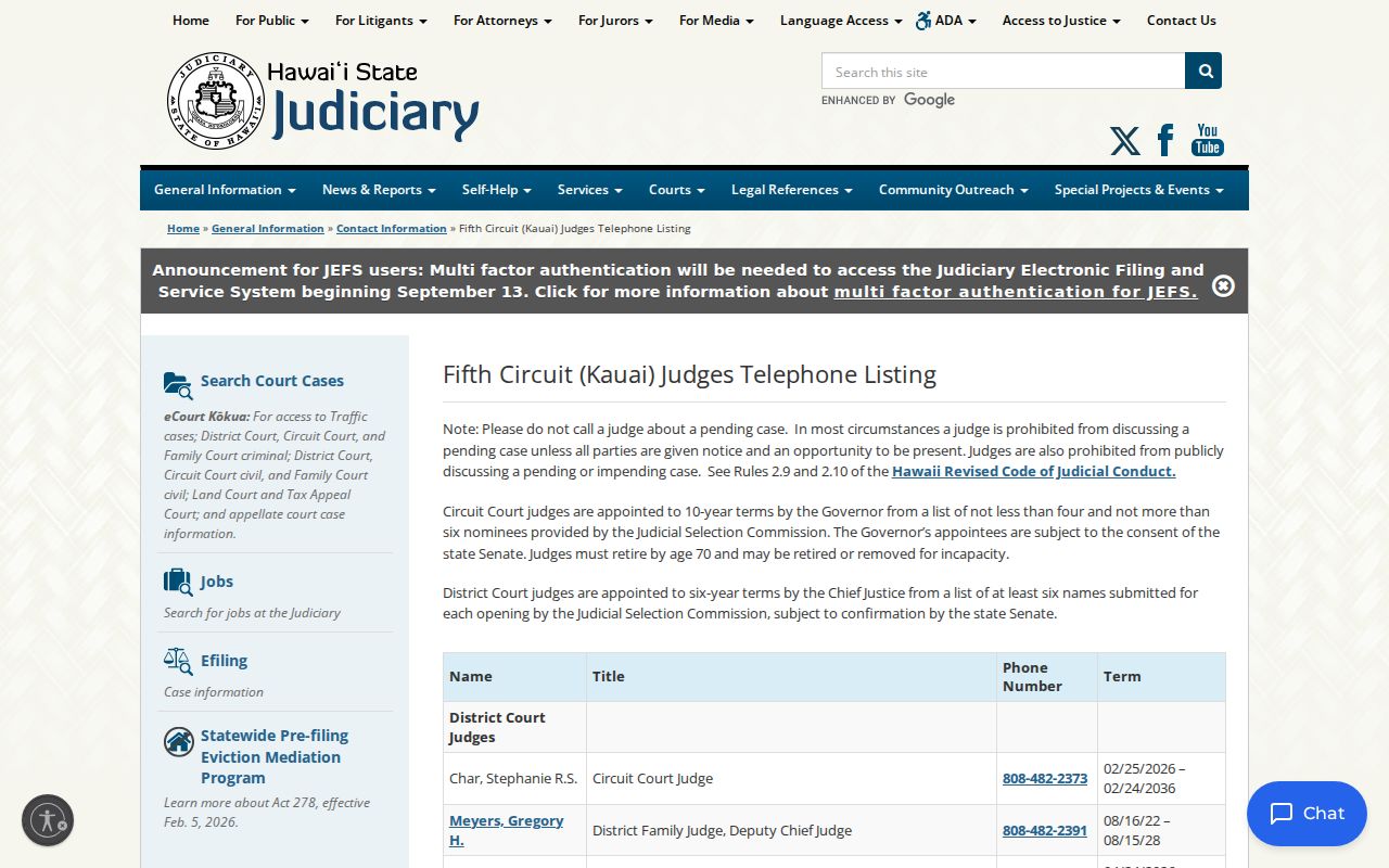 Kauaʻi County criminal court judges and contact rules