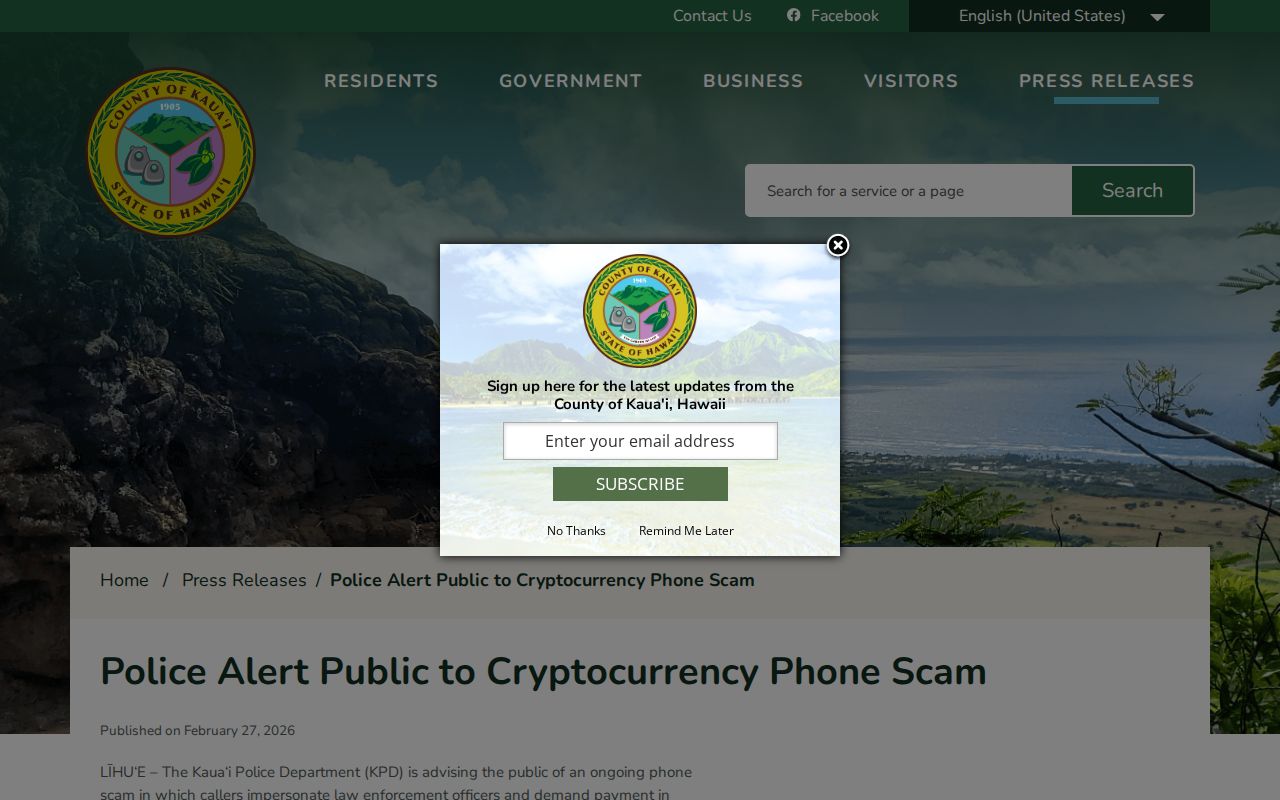 Kapaʻa warrant record phone scam warning from KPD