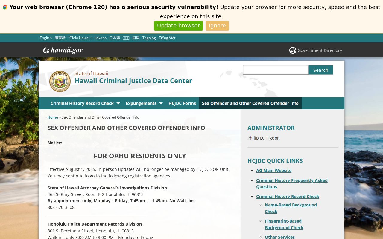 HCJDC Sex Offender Registry Unit official information page