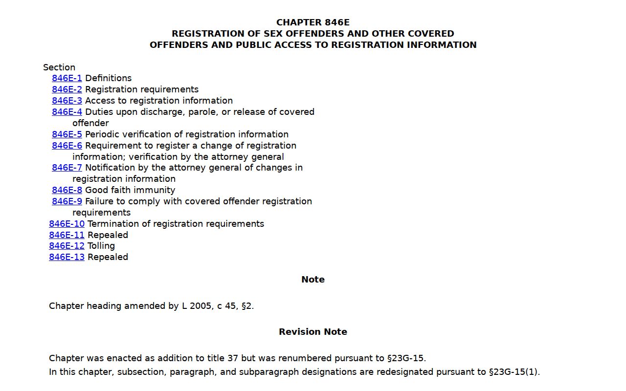 Hawaiʻi Revised Statutes chapter 846E official index