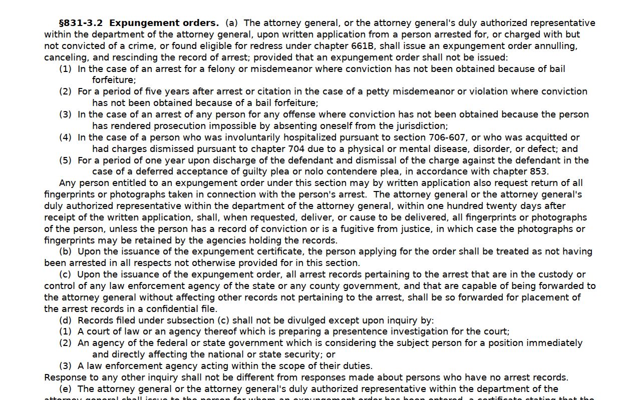 Wailua Homesteads criminal record expungement statute